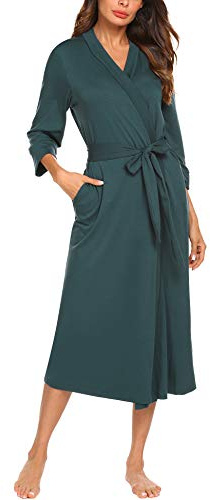 UNibelle Damen Morgenmantel Lange Ärmel Bademantel Kimono Baumwolle Saunamantel V-Ausschnitt Nachtwäsche XL A-dunkelgrün