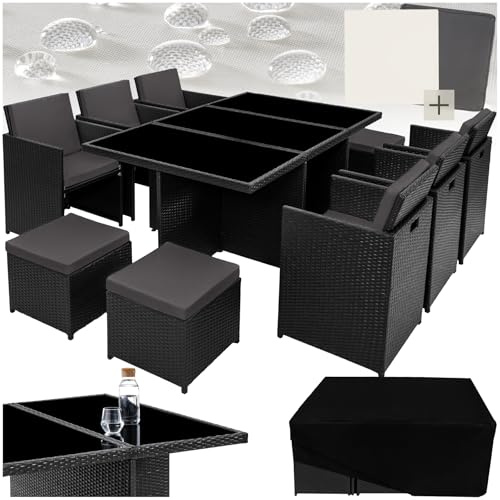tectake® Polyrattan Gartenmöbel Set, Sitzgruppe mit 6 Stühle + 1 Glasplatte Tisch + 4 Hocker, Gartenlounge Set klappbar mit Aluminium Gestell, 10 Personen, Balkon Möbel, inkl. 2 Bezugsset - schwarz