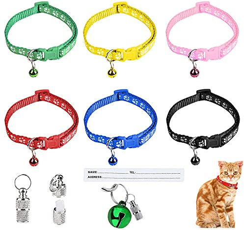 XPOOS Katzenhalsband, Anti-Würge- und Adressschild, Schnellverschluss für Katzen, mit Glöckchen, verstellbar, reflektierend, Sicherheitsschnalle, Kätzchen oder Welpen, 6 Stück