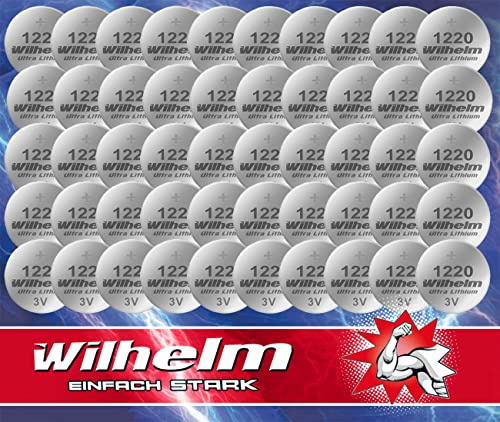 Wilhelm CR1220 Lithium Knopfzellen 3V 40mAh, ø12x2,0 mm – 50 Stück