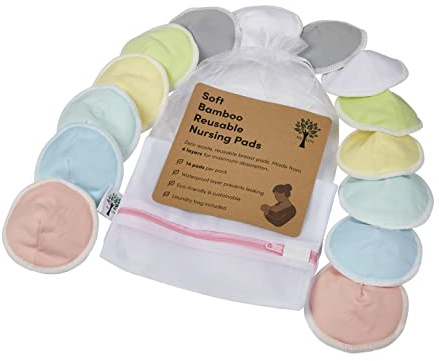 REGN Luxury Reusable Bamboo Breast Pads (14 Pack) With Wash Bag & Storage Bag | Super Absorbent 4 Layers | Organic Bamboo Nursing Breast Pads For All Skin Types | Zero Waste (X-Large 5.5)