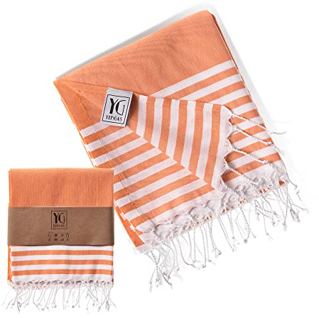 YENGAS Hamamtuch XXL, 95x175 cm, Oeko-TEX Zertifiziert, 100% Baumwolle, Großes Peshtemal Tuch, Badetuch für Spa, Sport, Reisen, Leicht & Platzsparend, Saunatuch, Strandtuch, Orange