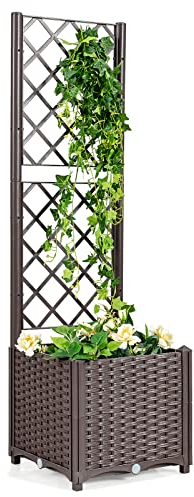 COSTWAY Blumenkasten mit Rankgitter, Pflanzkasten für Kletterpflanzen, Hochbeet mit Spalier, Blumenkübel für Garten Hof Balkon, Gartenspalier Rankkasten mit Selbstbewässerung (Braun, 40 x 40 x 140 cm)