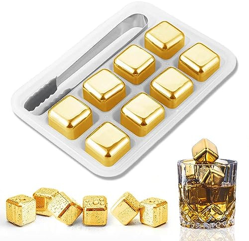 Whisky Steine Edelstahl Set, Whisky Eiswürfel Wiederverwendbar, mit Kieselgel Eisclip, Gold, 8 Stück