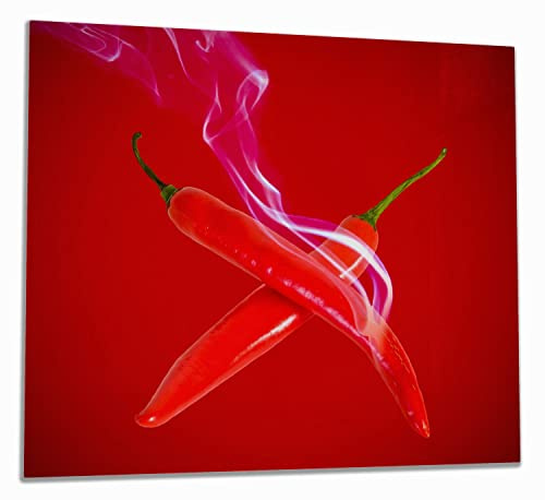 Wallario Herdabdeckplatte/Spritzschutz aus Glas, 1-teilig, 60x52cm mit 8mm hohen Füßen, für Ceran- und Induktionsherde, Rauchende Chili-Schoten im Duo vor rotem Hintergrund