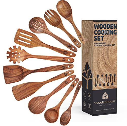 Kochlöffel Holz Set - Holzkochlöffel 10 Stück aus Teakholz - Holzlöffel, Pfannenwender Holz und weitere Kochbesteck Set - Natürlich & Perfekt für Antihaft. Leicht & Hitzebeständig Küchenutensilien