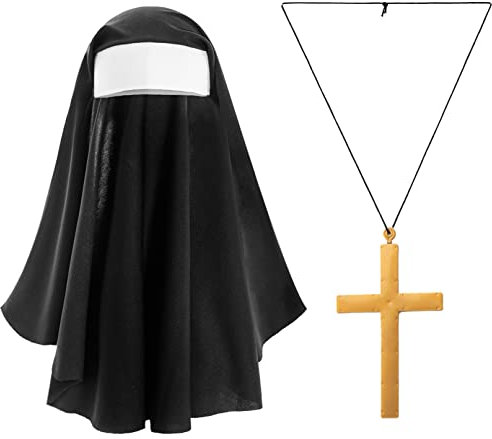 iiniim Nonnen Kostüm Set Schwarz Nonnenhaube Priester Kreuz Halskette Schwarz Kniestrümpfe Handschuhe Weiß Halskragen Klosterschwester Cosplay Dress Up Kostüm Zubehör Type B One Size