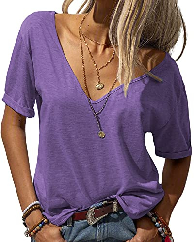 Tankaneo Moda para mujer con escote en V profundo, mangas cortas, tops sólidos casuales sueltos, camiseta básica, morado, L