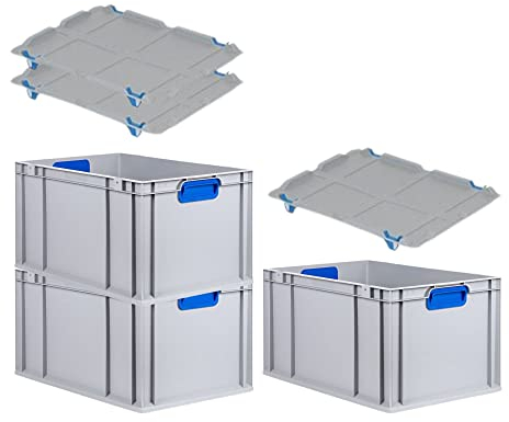 PROREGAL SuperSparSet 3x Eurobox NextGen Color mit Auflagedeckel & Schiebeschnappverschlüsse, HxBxT 32x40x60cm, 65L, Griffe blau geschlossen, Verstärkter Boden, Eurobehälter Transportbox