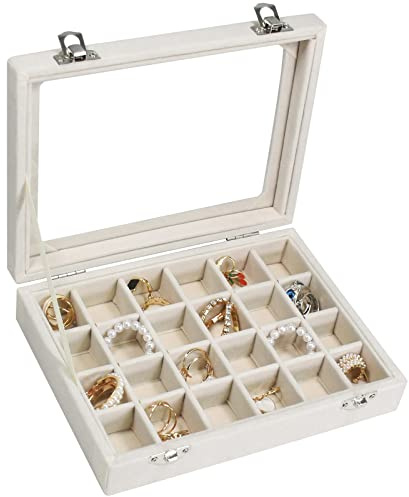 Vicoter Velvet Jewelry Box 24 Grid Jewelry Ring Display Organiser Box Tray Holder Earrings Storage Case for Girls Wife Mom Women (Beige)