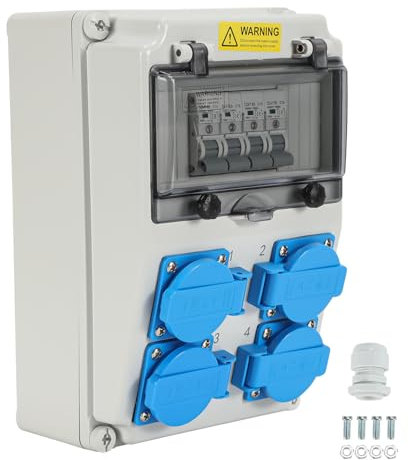 Randaco Distribuidor de pared con disyuntor, distribuidor de corriente para obras con 4 tomas de corriente Schuko y toma de corriente CEE 16 A Distribuidor de corriente para interiores y exteriores
