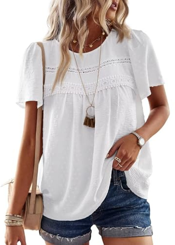 Falechay White Tops Tunic Tops Crewneck Shirts Short Sleeve Blouses for Women Fashion 2025 Babydoll Lace Tassel Swiss Dot Boho Clothing M