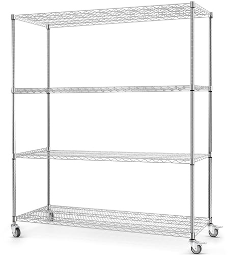 Rengue Drahtregal mit Rollen, 152,4 x 61 x 182,9 cm, Metall-Aufbewahrungsregale, 4-stöckig, robuste Garagenregale, Chrom, 1088 kg Kapazität, Drahtregal für Restaurant, Garage, Speisekammer, Küche