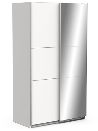 Demeyere 190008 Porta Scorrevole con Specchio e Armadio Moderno, Colore: Bianco Opaco e Finiture in Metallo, 116.5 x 59.8 x 203 cm, Legno Ingegnerizzato, Grigio