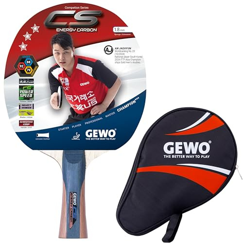 GEWO CS Energy Carbon Tischtennis-Schläger & GEWO Tischtennisschläger Hülle mit Ballfach rot - Profi-Tischtennisschläger, ITTF genehmigt, konkav, 1,8mm Schwamm