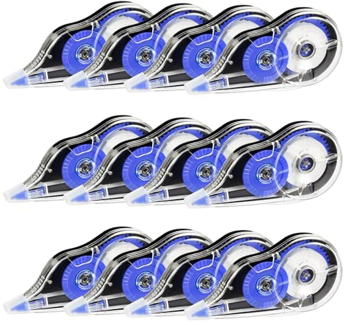 Yoosso 12 Stück Korrekturroller, 5mm x 12m Korrekturmaus Roller Korrekturband mit Schutzkappe Korrektur Tape für Kinder Schüler Zuhause Büro (Blau)