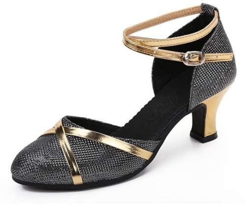 Scarpe da Danza Donna Confortevoli Punta Chiusa Lantine Jazz Bachata Salsa, Nero Argento Esterno, 40 EU