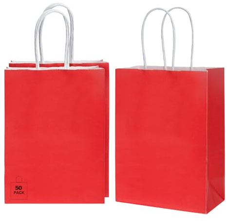 CHARMGIFTBOX 50 Stück 15 x 21 x 8 cm Rot Papiertüten mit Henkel, Geschenktüten für Ostern, kleine süße Tüten für Kinder- und Erwachsenenpartys, Geburtstage, Hochzeiten, Babypartys