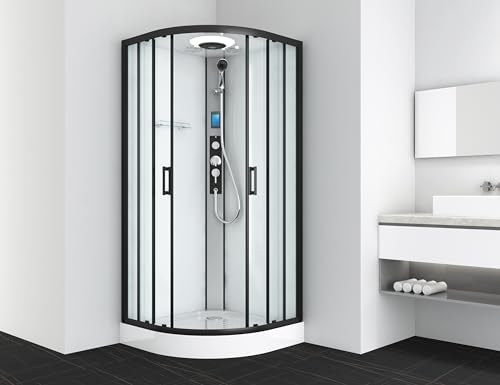 SANOTECHNIK Cabina de ducha completa AUSTIN BLACK 90 × 90 × 215 cm – Ducha completa todo en uno | Cristal de seguridad templado de 5 mm, radio táctil, techo LED, boquilla de masaje, montaje rápido