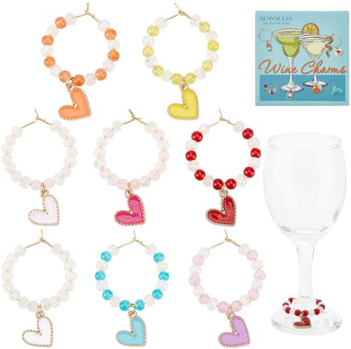 SUNNYCLUE 16Pcs Heart Wine Rings Bulk Alloy Colorful Enamel Heart Drinks Identifiers Marker Tags Charms for Stem Glasses Wedding Valentines Day Wine Tasting Party Decoration