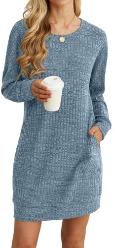 PrinStory Pulloverkleid Damen Winter Langärmelig Winterkleid Lässig Rundhalsausschnitt Hautfreundlich Sweatkleid Leicht Freizeitkleid Mit Seitentaschen (Hellblau, XXL)