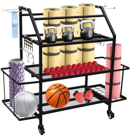 WEIGR Hantelständer Multifunktionaler Kurzhantelständer Dumbbell Rack - Hantelablage mit Haken und Abschließbaren Rädern für Hanteln, Yoga Matte, Faszienrolle, Kettlebell und Yoga Block (3 Regalen)