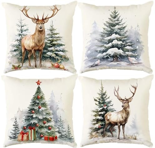 Aitsite 4 Stück 45x45cm Kissenbezug Weihnachten, Deko Weihnachten Kissenbezug, Weihnachtsdeko Kissenbezüge Für Christmas Decorations Indoor, Winter Deko Wohnzimmer Sofa Bettwäsche (Rentier)