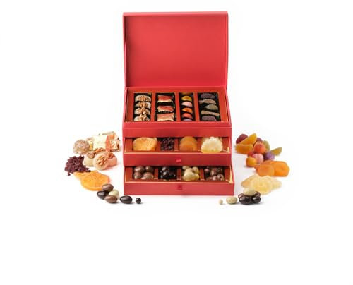 Walnut Tree – Three Drawers of Gourmet Edible Jewels – Hand Packed – Gift Box with Marzipan, Fruit Jellies, Chocolate Nuts, and Dried Fruits – Luxury Gift Selection, Birthday, Anniversary