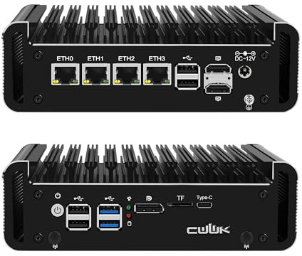 CWWK N305 Mini PC Fanless, Dispositif de Pare-feu Mini ordinateur avec 4 x 2,5 GbE i226-V LAN, F3 OPNsense Micro PC DDR5 NO RAM/SSD/OS Barebone, TF, 2 x HD+DP+USB-C 4K, AES-NI