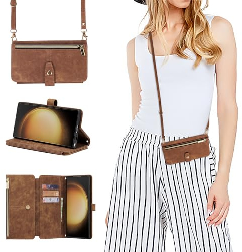ZCDAYE Hülle für Samsung Galaxy S25 Ultra mit Band Handykette, Leder Handyhülle Handytasche mit Kartenfächern Frauen Brieftasche Klapphülle Tasche Samsung S25 Ultra,Braun