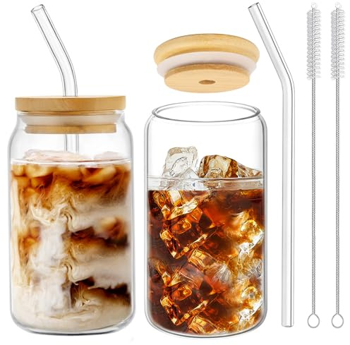 Lot de 2 tasses à café en verre avec couvercle et paille - Réutilisables - 400 ml - Avec paille et couvercle pour cadeaux
