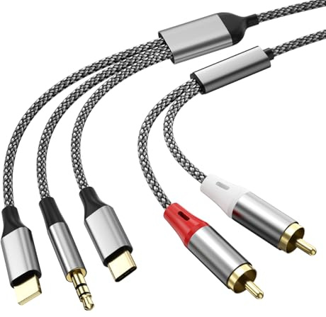 3 in 1 Lightning/USB Typ C/3.5mm auf 2 Cinch Aux Kabel 1.3M, 2 RCA Cinch Kabel Stereo für Lightning/USB Typ C/3.5mm Schnittstelle Kompatibel mit iPhone,Samsung Galaxy,Huawei,pour voiture,home cinéma