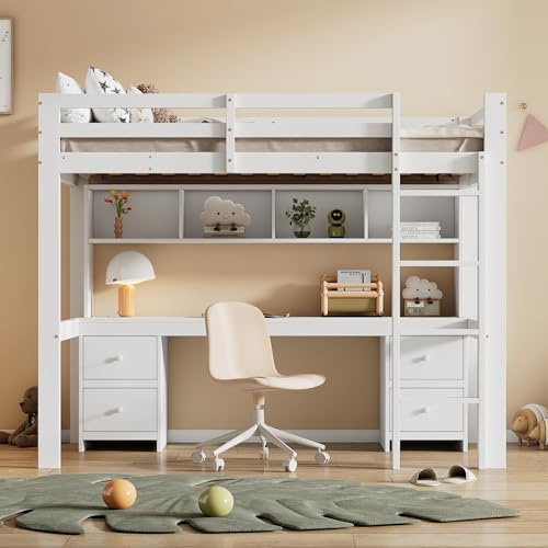 Lcoho Hochbett (90x200cm),Kinderbetten, Bett Oben, Tisch unten, Großer Stauraum, Hohes Geländer, Stabile Treppe (Weiß)