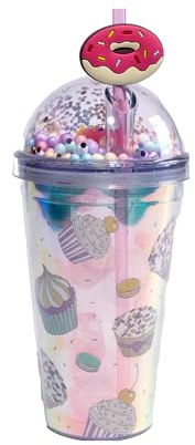 power gift SHAKE CUPCAKES - Gobelet réutilisable avec couvercle et paille - Double paroi - Fermeture à vis étanche - Pour eau minérale, fruits et jus - Un cadeau pour tous les enfants.