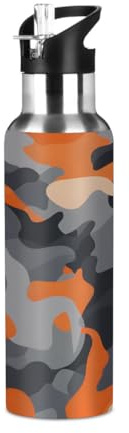 Mexpekil Orange Camouflage 600ml Insulated Water Bottle with Straw Lid Stainless Steel Thermos Bottle Vacuum Flask Leakproof Travel Sports Water Bottles for Running Cycling Hiking