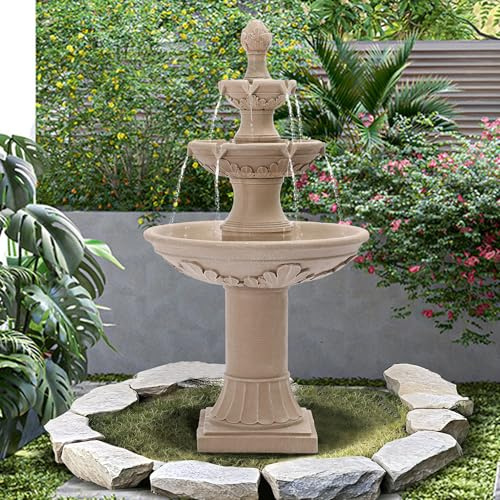 TITIMO 3-Tier Italian Water Fountain Outdoor w/Pump & Pineapple Top, 48.4 H Large Roman Pillar Waterfalls Fountains Indoor, Freestanding Water Feature Fountain for Garden Porch Patio Deck (Tan)