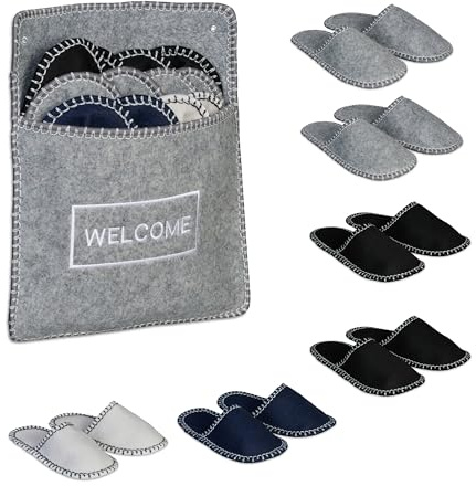 Relaxdays Gästskor, 6 par, tofflor set med väska, storlekar 36–45, filttofflor, halkfri sula, flerfärgade