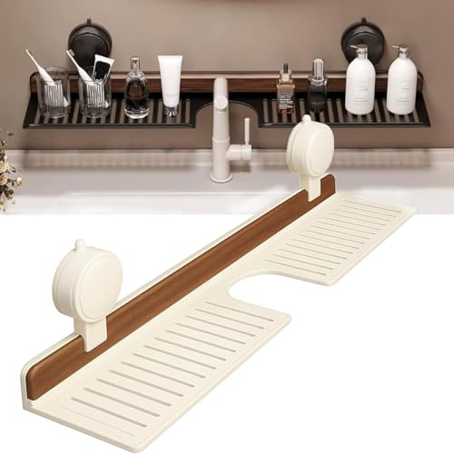 Estante de baño con ventosa de nogal, montado en la pared, cesta de almacenamiento sin taladrar, estante de ducha móvil, accesorio de almacenamiento de grifo para baño y cocina (blanco, 50 cm)