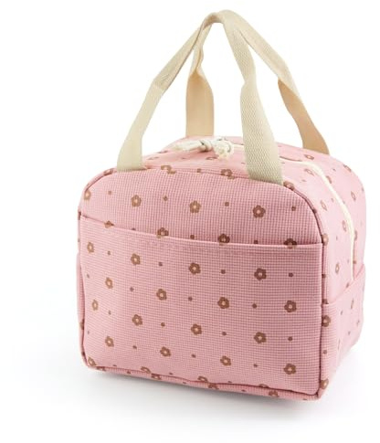 Qcdou Lunch Bags for Women, Reusable Insulated Lunch Bag, Lightweight Leakproof Cooler Tote, Cute Girls Ladies Lunchbox Bag for Work, Travel, School, Outdoor Picnic(Pink)