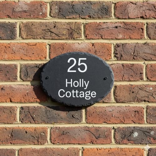 Rustic Slate House Sign, Oval Black Stone Address Plaque with Custom Number and Name, Wall Mounted, Natural Finish