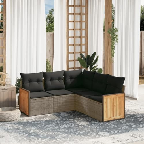QJBSAVVA 5-TLG. Garten-Sofagarnitur grau Poly-Rattan Ecksofa mit Stauraum und Kissen modulares Balkonmöbel-Set platzsparend Weatherproof & Bequem für Garten Terrasse Balkon