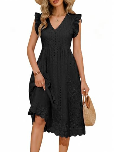 PASUDA Vestito Donna Estivo Abito Lungo Scollo a V Casual Vestiti Senza Maniche a Volant Abiti Lunghi Cotton Comodo Floreale Vuoto Jacquard Vestiti da Spiaggia con Tasche (Nero, M)