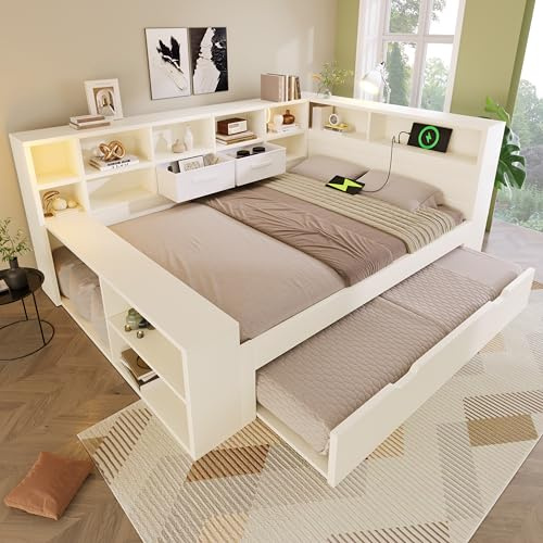 RIAZOS Kinderbett 140x200 cm mit Ausziehbett, Doppelbett mit USB Type C Ladestation, Stauraumbett mit Staufach, Holzbett für Erwachsene und Jugendliche, Weiß, ohne Matratze