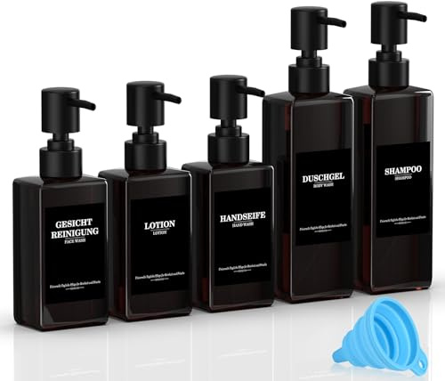 5er Set Wiederverwendbare Shampoo Spender Flaschen zum Befüllen, 3x300ml + 2x500ml Braun Nachfüllflaschen mit Pumpspender, Etiketten & Trichter für Bad Küche Duschgel