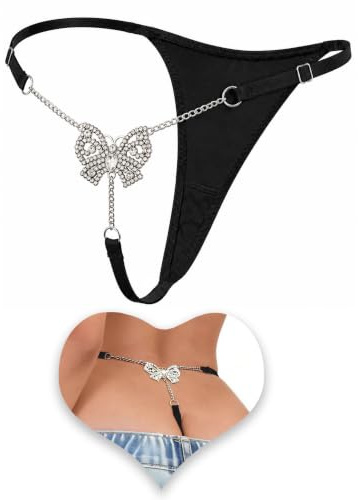 VORHELOVE Women's G String Thong Butterfly Rhinestone Low Rise Knickers | Adjustable String Underwear with Sparkling Crystal Butterfly Chain, Minimal T-Back and Soft Stretch Fit for Women