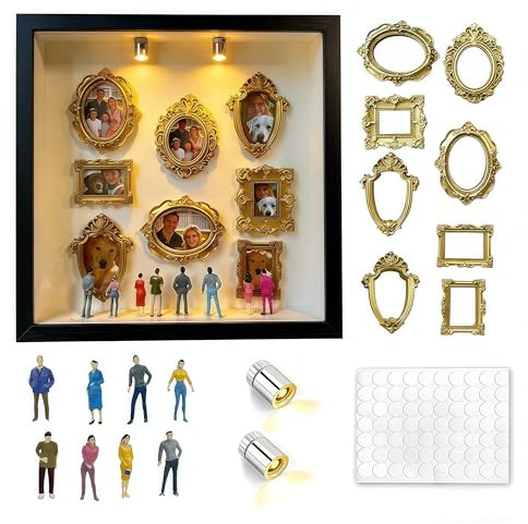 Aosyax Kit Cadre Photo DIY Boîte à Ombres 3D Profond 25cm x 25cm avec Lumières LED, Mini Cadres Vintage Dorés & Figurines, Décoration Mural & Table, Cadeau Personnalisé Famille - Noir