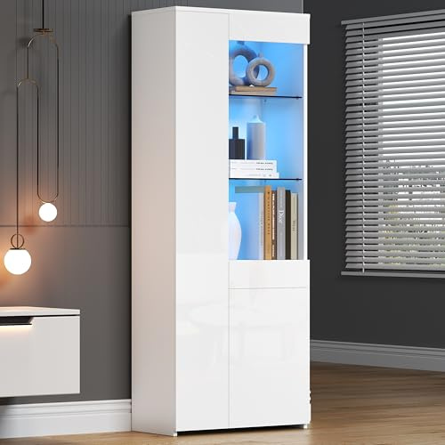 staronce Glasvitrine mit LED-Beleuchtung und App-Steuerung, Vitrinenschrank mit Schublade, Standvitrine/Hochschrank für Wohnzimmer, Holzwerkstoff & Hartglas, 70 x 35 x 180 cm, Weiß Hochglanz