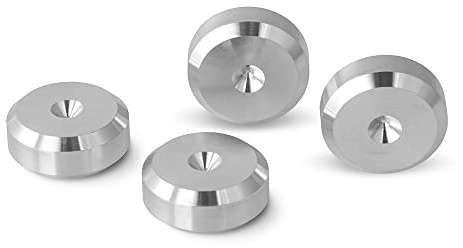 PrecisionGeek® Chamfered Lautsprecher Spike-Pads – Entkopplungs-Unterlagen für HiFi-Lautsprecher, Subwoofer & Ständer – Anti-Vibration & Bodenschutz (Aluminium Silber, Ø20mm – 4er-Pack)