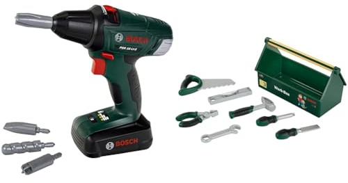 Theo Klein 8567 Bosch batteridriven skruvdragare | Batteridriven borrmaskin/skruvdragare| Leksak för barn från 3 år & Theo Klein 8573 Bosch verktygslåda | Verktygssats i 7 delar | för barn från 3 år