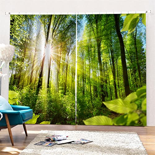 SK Studio 2er Set Verdunklungsvorhang Blickdicht Vorhang Wasserdicht mit Waldlandschaft Baumpfad Blauer Ozean Muster für Schlafzimmer Wohnzimmer Stil 15, 203x241cm